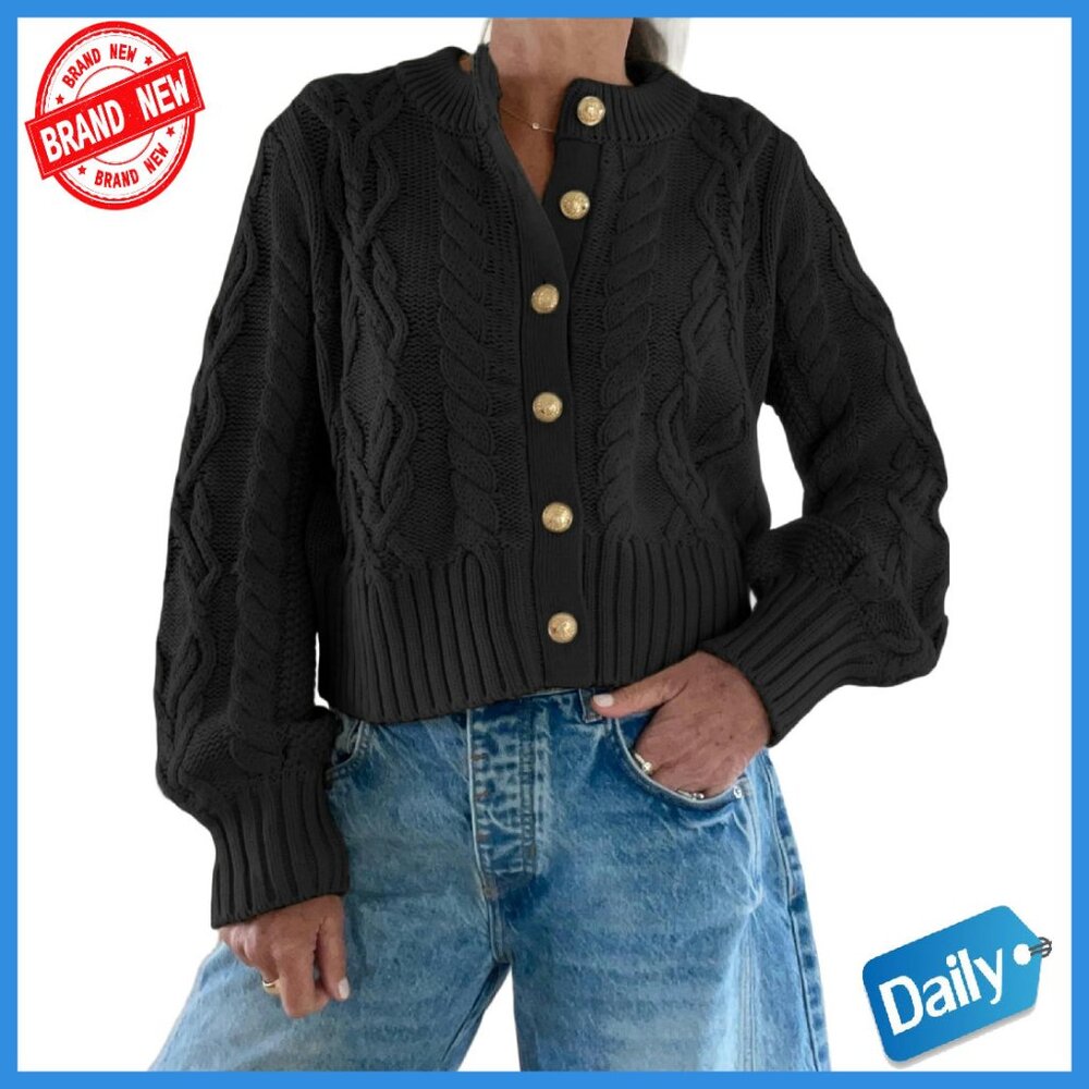 Cable Knit Cropped Cardigan Chunky Knit Crewneck Button Up Sweater